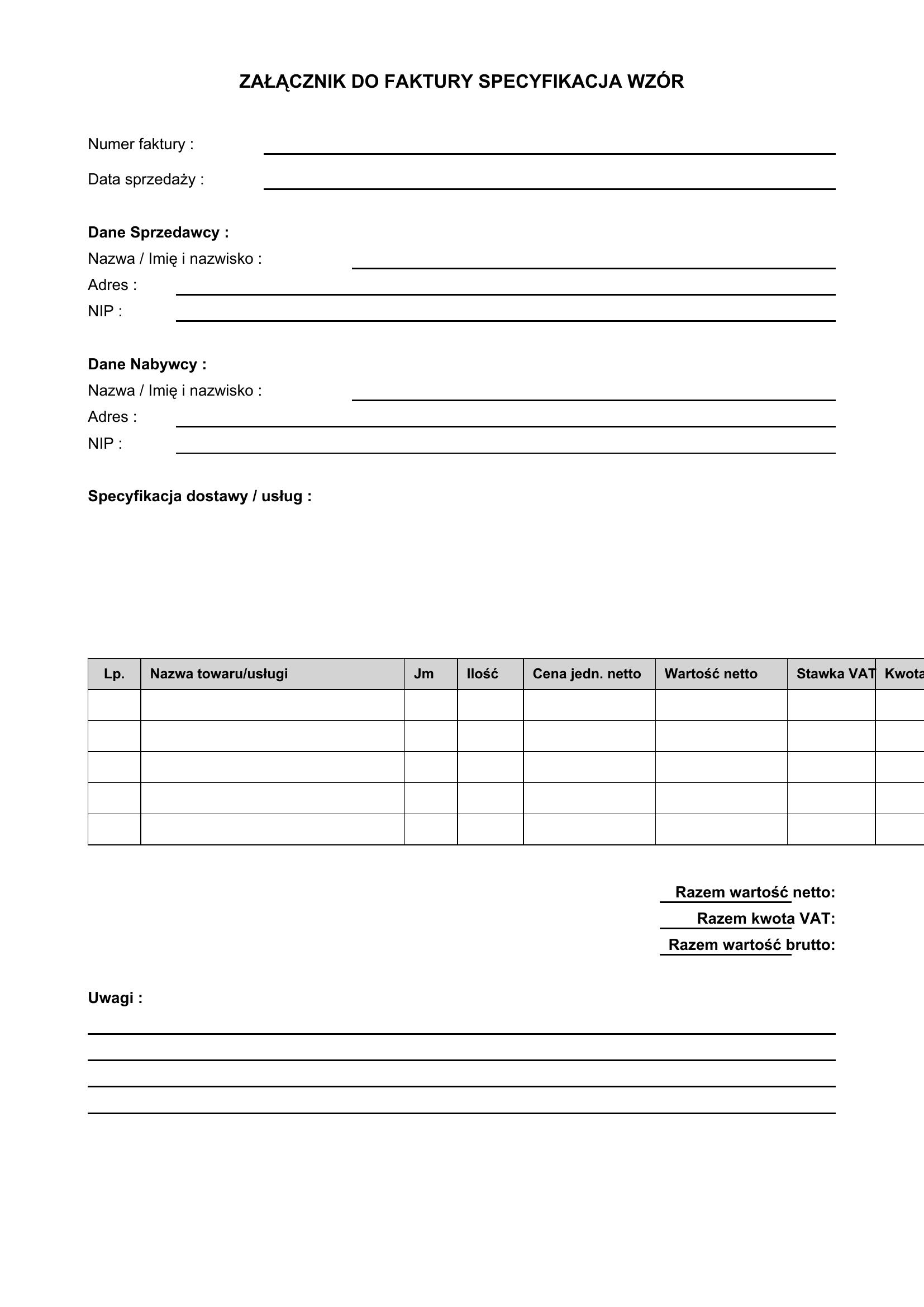 Załącznik Do Faktury Specyfikacja Wzór