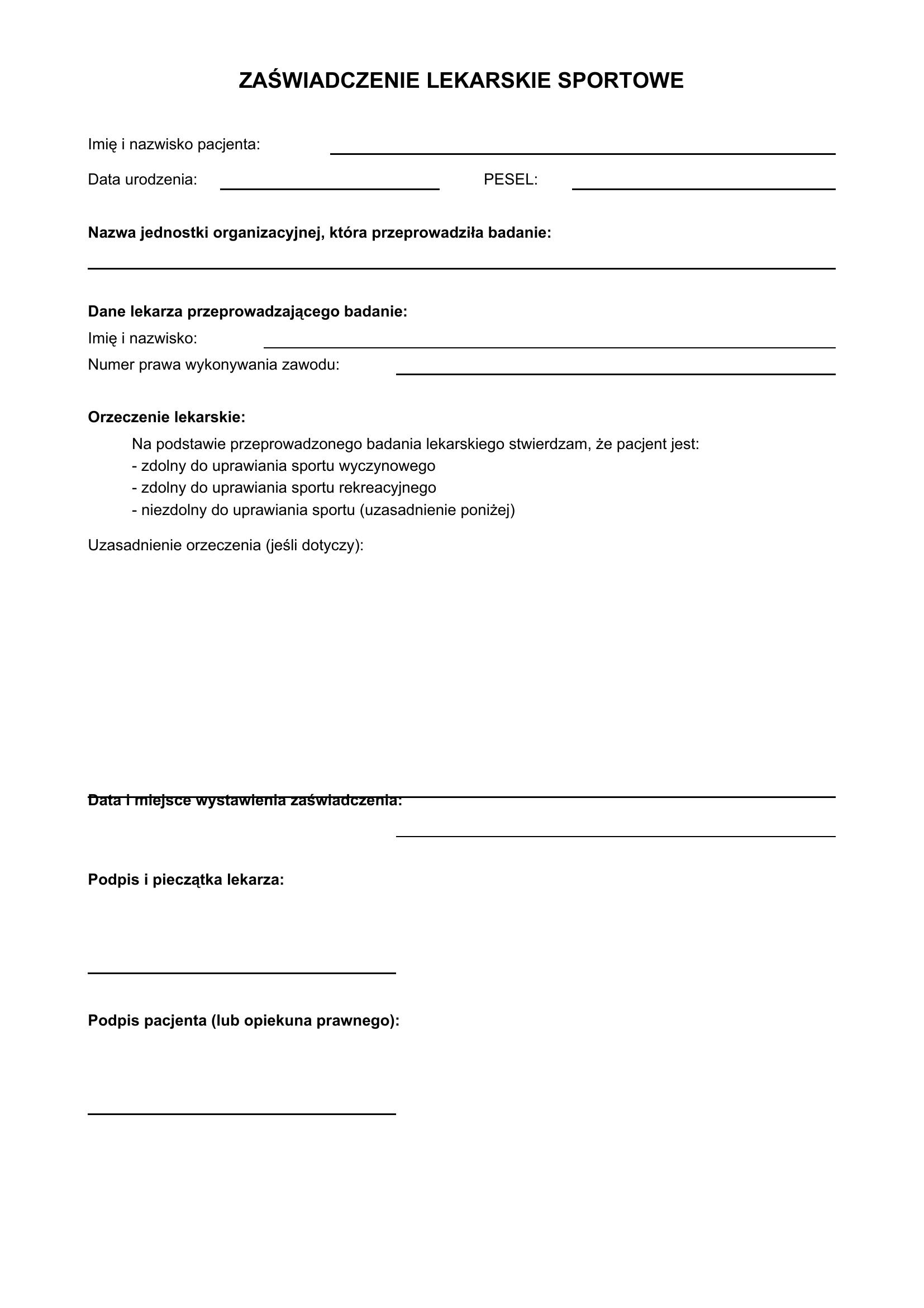 Zaświadczenie Lekarskie Sportowe Wzór
