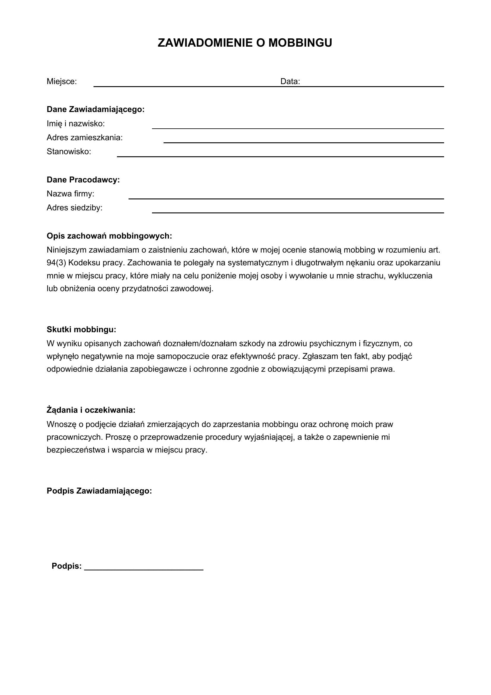 Zawiadomienie O Mobbingu Wzór