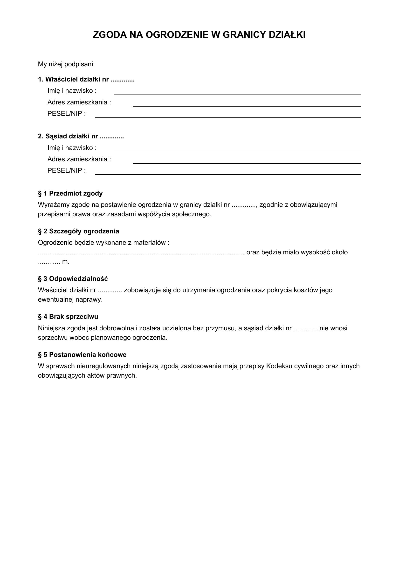 Zgoda Na Ogrodzenie W Granicy Działki Wzór