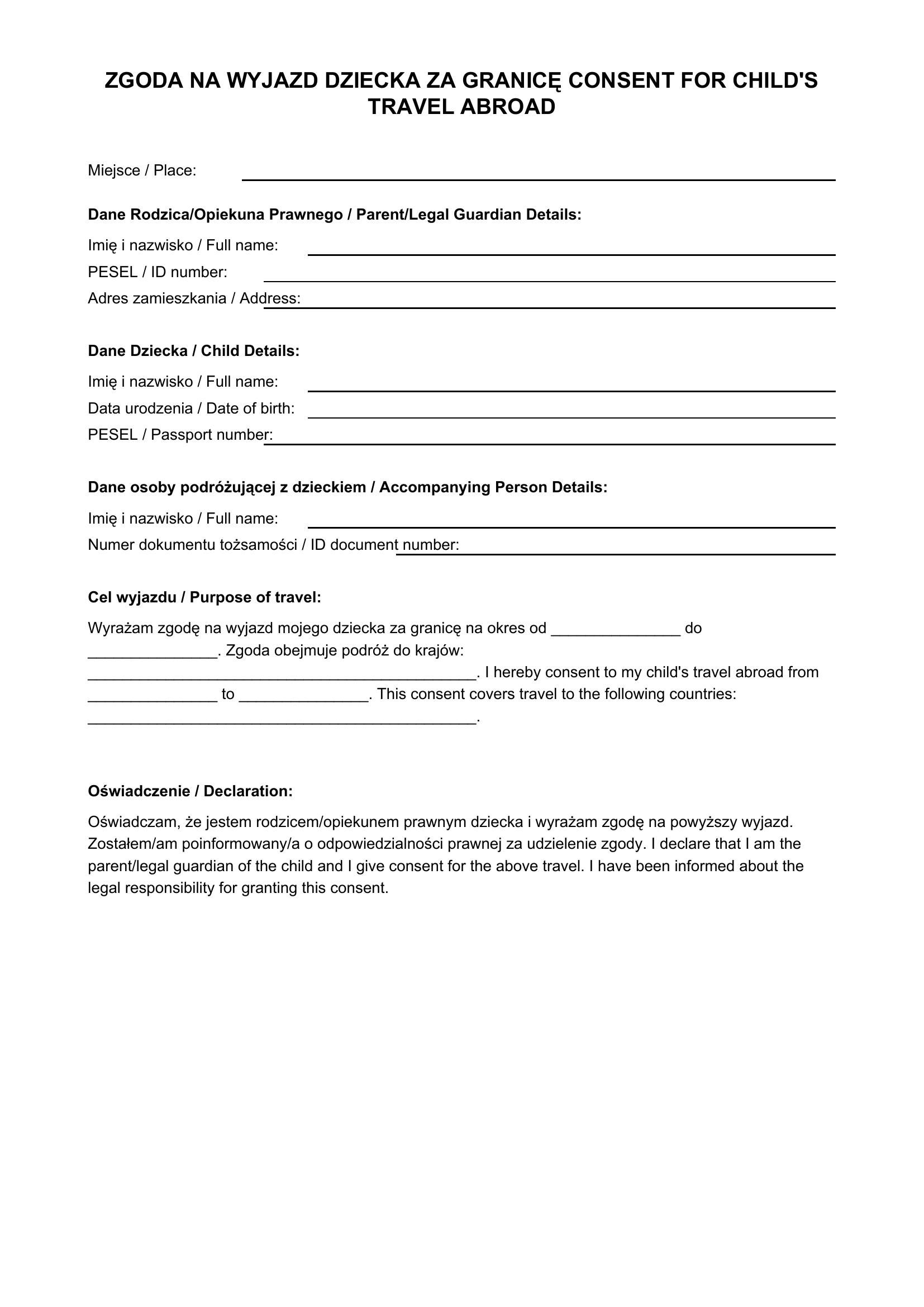 Zgoda Na Wyjazd Dziecka Za Granicę Wzór Polsko Angielski