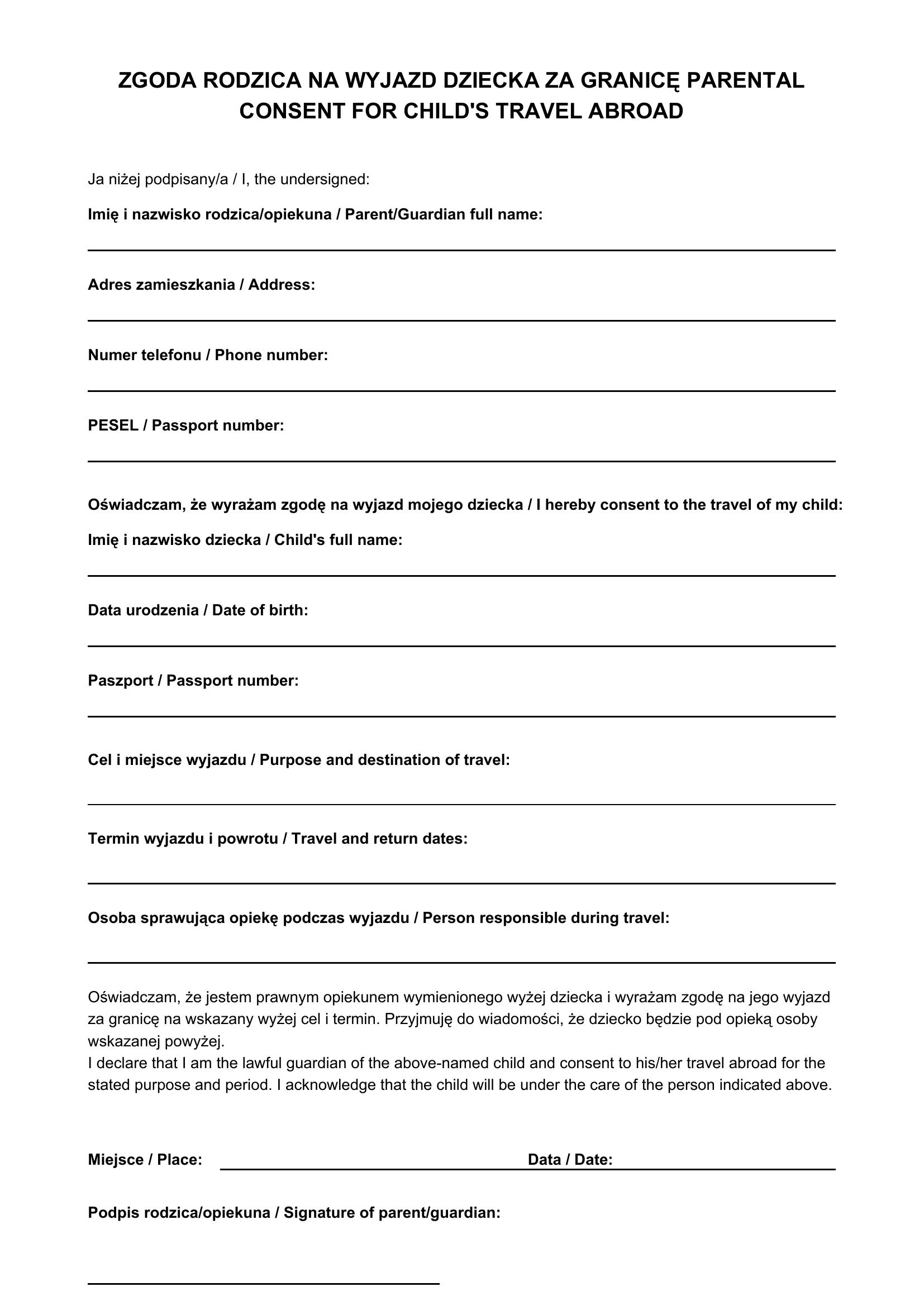 Zgoda Rodzica Na Wyjazd Dziecka Za Granicę Wzór Polsko Angielski