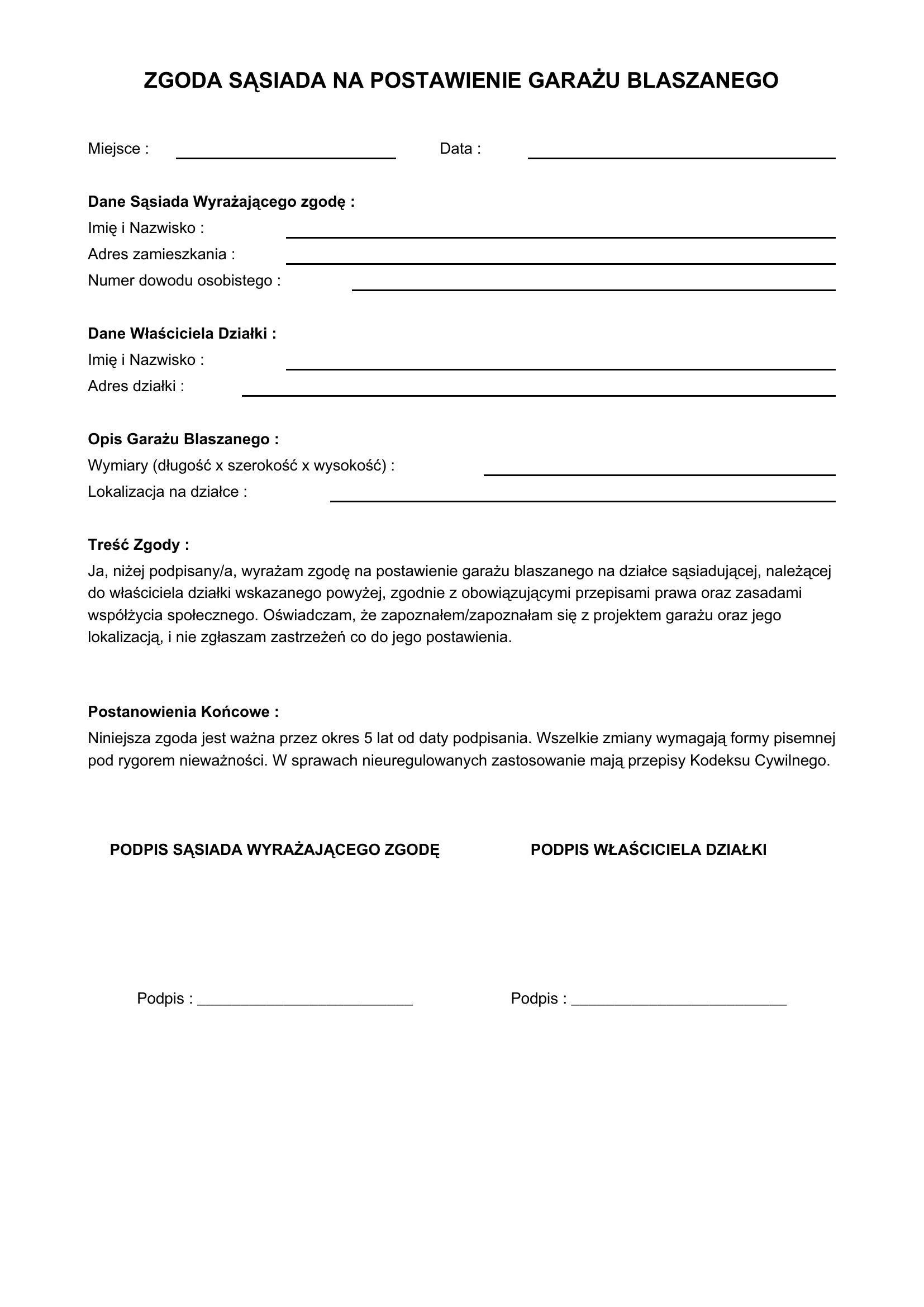 Zgoda Sąsiada Na Postawienie Garażu Blaszanego Wzór