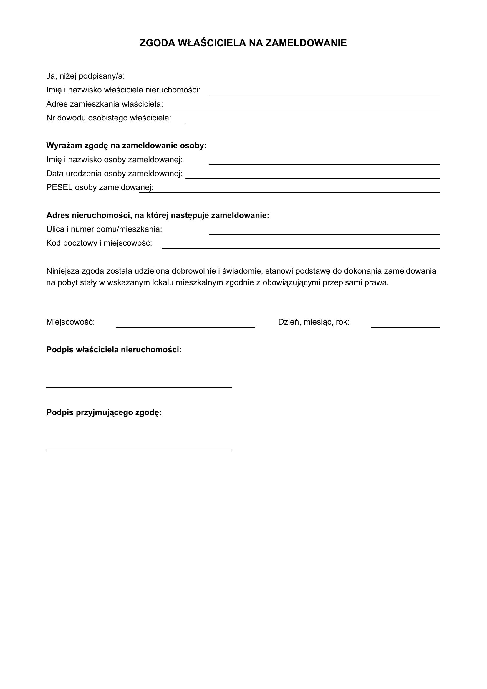 Zgoda Właściciela Na Zameldowanie Wzór